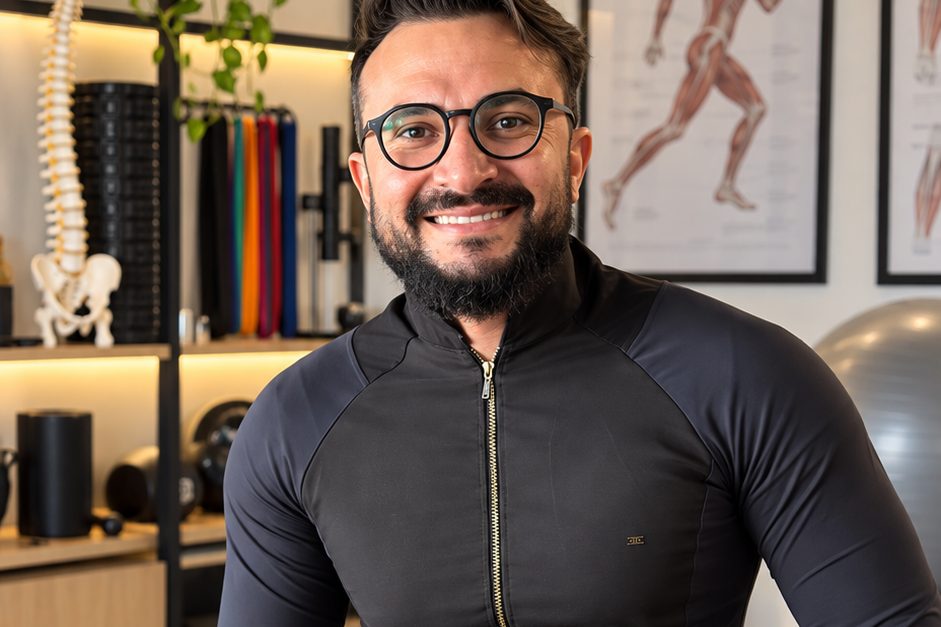 Consultório de fisioterapia esportiva em Cajazeiras, com maca, faixas elásticas e pôster de anatomia da corrida